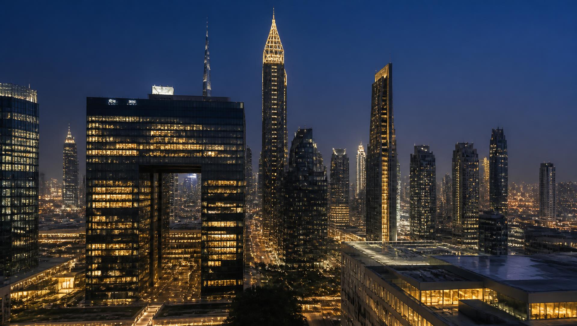 Dubai DIFC financial district skyline at dusk