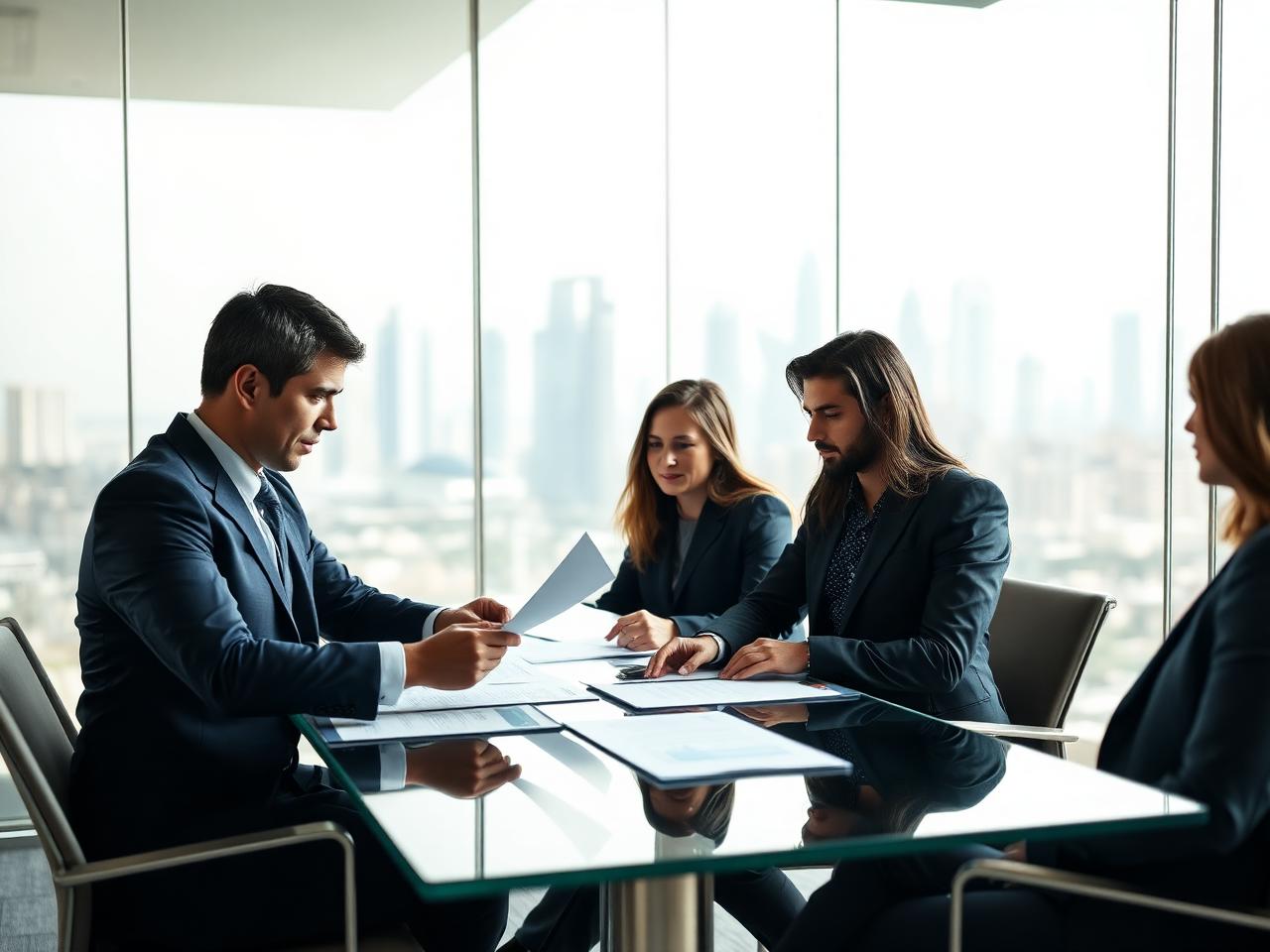 Financial professionals reviewing documents in a Dubai boardroom